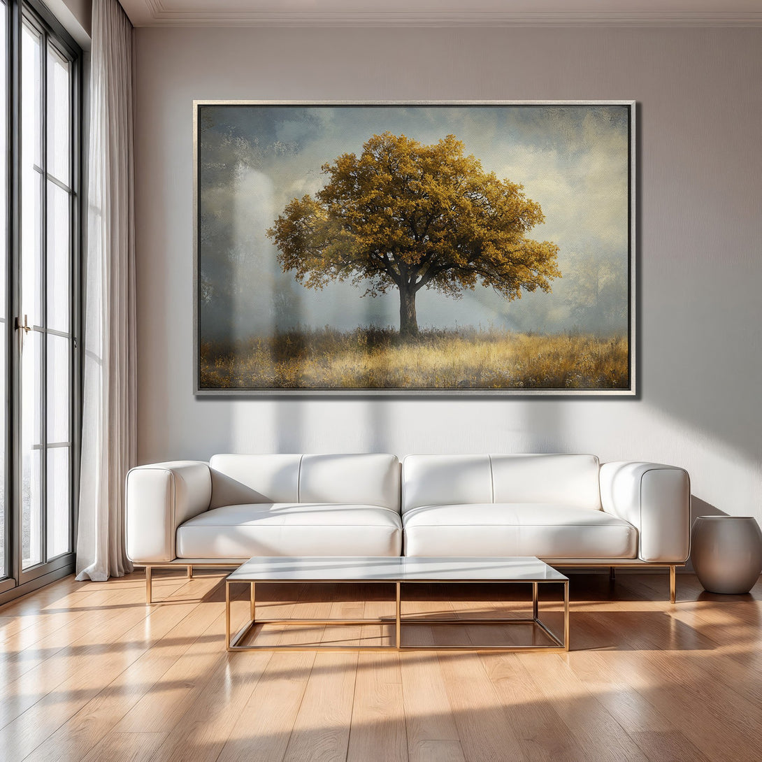 Framed Wall Art: Majestic tree landscape in warm gold and blue tones. Perfect for living room decor. Adds a touch of nature and elegance.