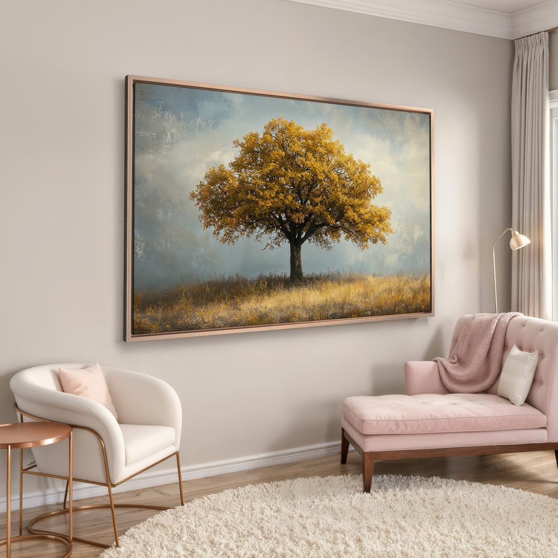 Framed Wall Art featuring a golden tree landscape. Warm, inviting color palette with hints of blue and gold. Perfect for adding a touch of nature.