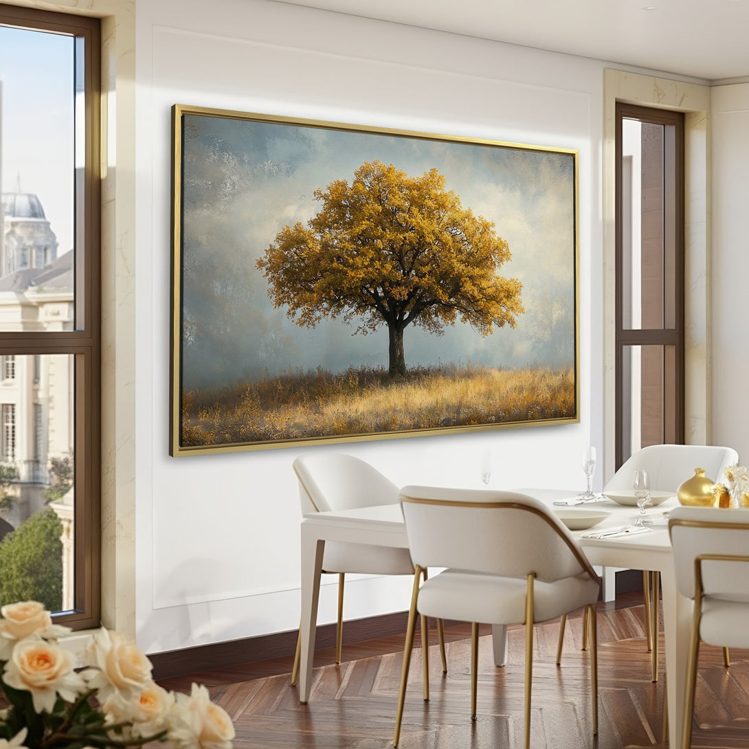 Canvas Print featuring a majestic tree in a golden hue. Adds a touch of nature to any room. Earthy tones of green, brown, and gold.