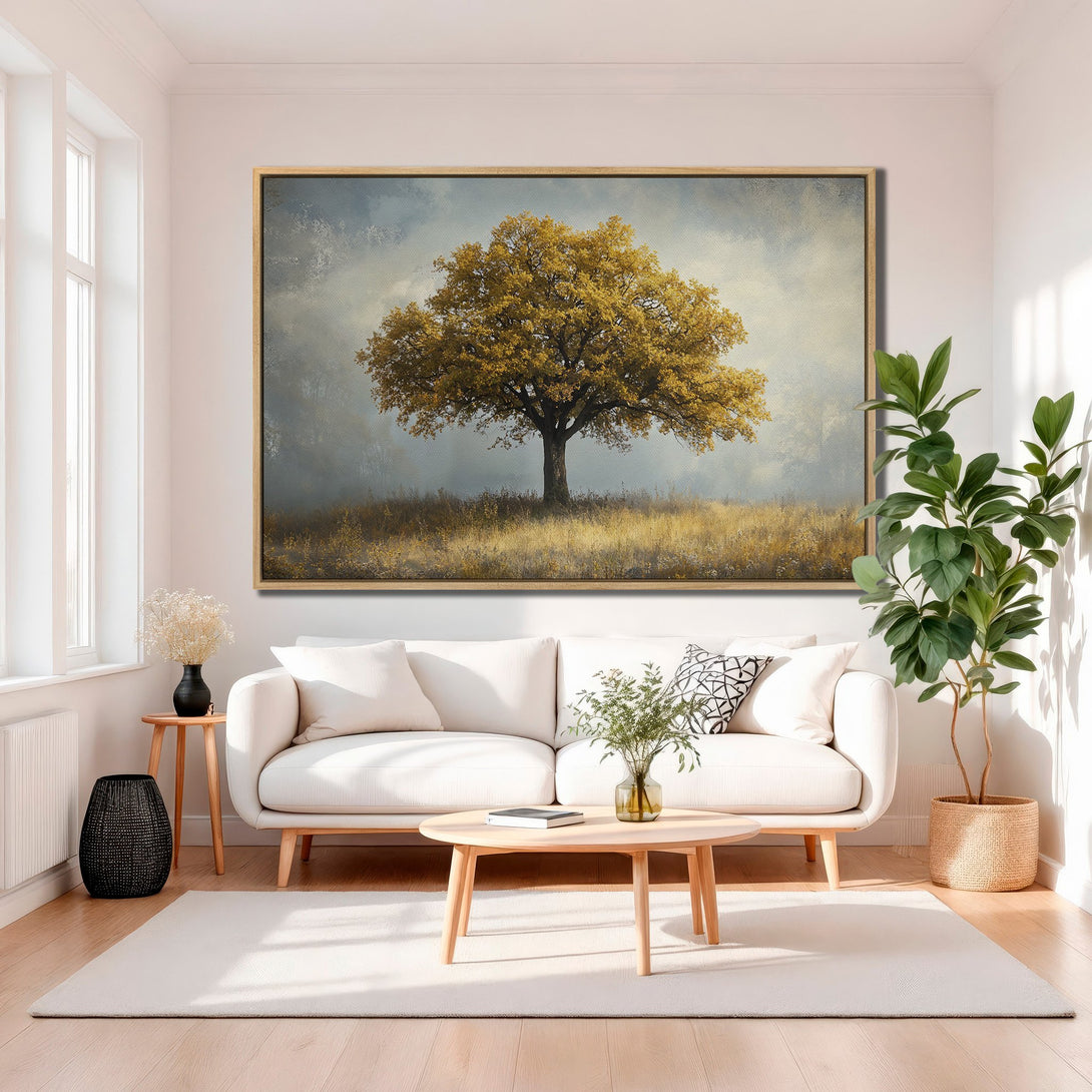 Framed Wall Art: Stunning landscape Canvas Print featuring a golden tree. Earthy tones and a serene style perfect for living room decor.
