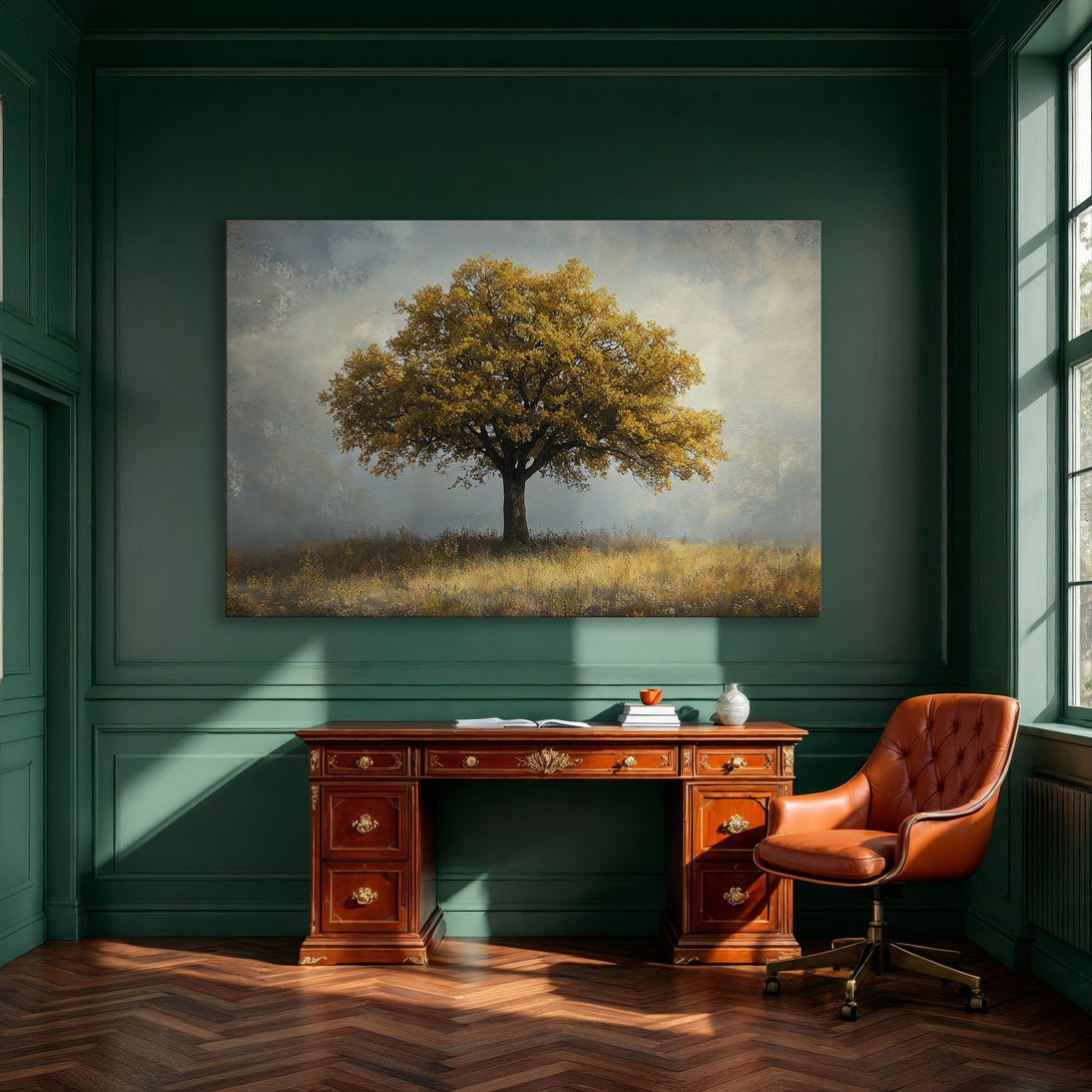 Framed Wall Art: Golden tree landscape canvas print in a modern dining room. Earthy tones and serene style.