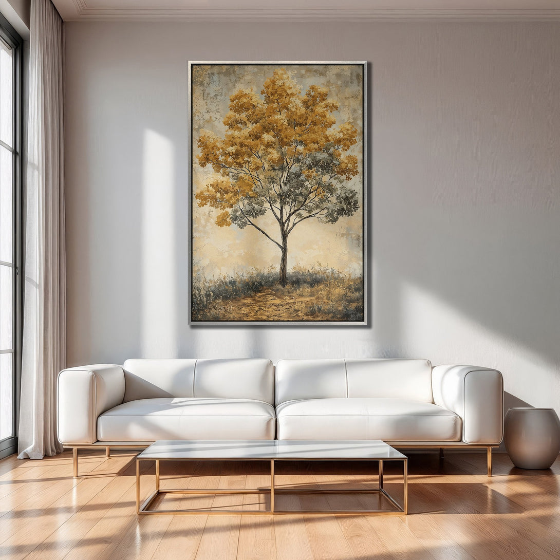 Framed Wall Art featuring a tree painting in warm gold and gray tones. Adds a touch of nature and modern style to any living room.