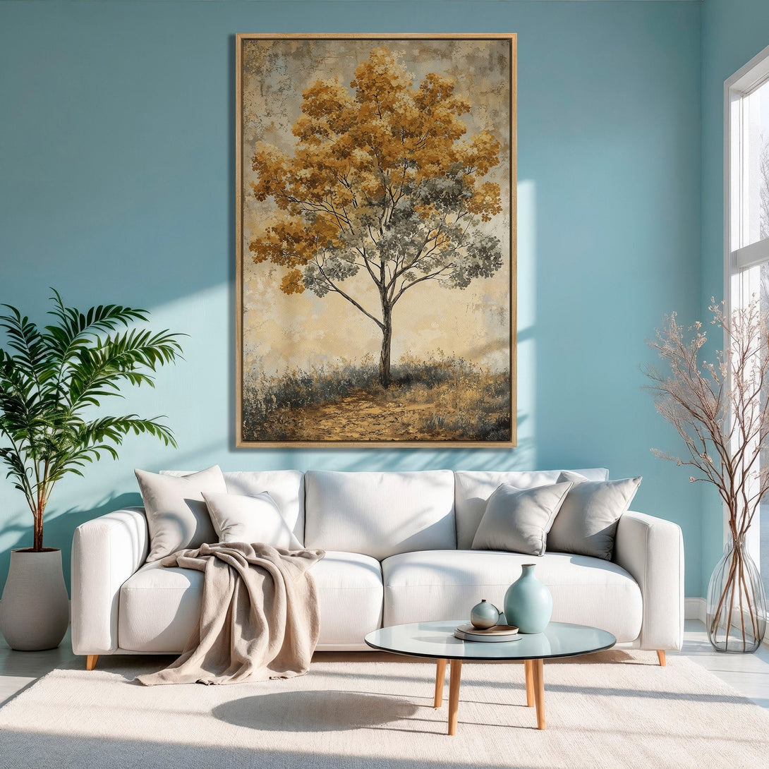 Framed Wall Art: Abstract tree canvas print in warm gold and gray tones. Adds a touch of nature and elegance to your living room decor.