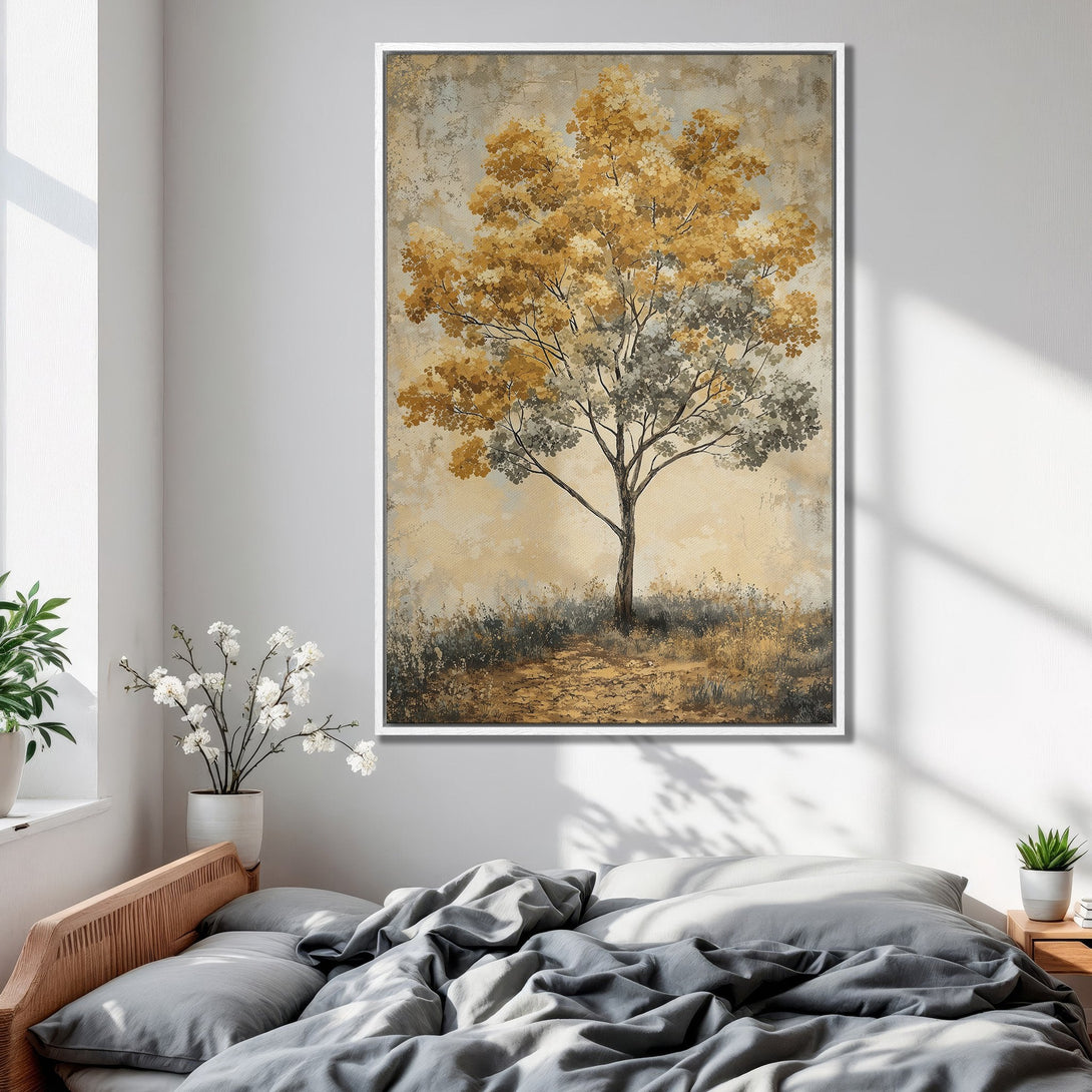Framed Wall Art: Abstract tree painting in warm gold and gray tones. Modern art for bedroom decor. Enhance your space with this beautiful canvas print.