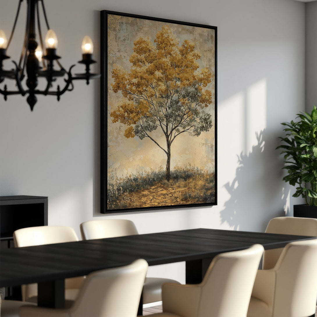 Framed Wall Art of a tree in a warm, neutral color palette. Perfect for adding a touch of nature to your dining room or living space.