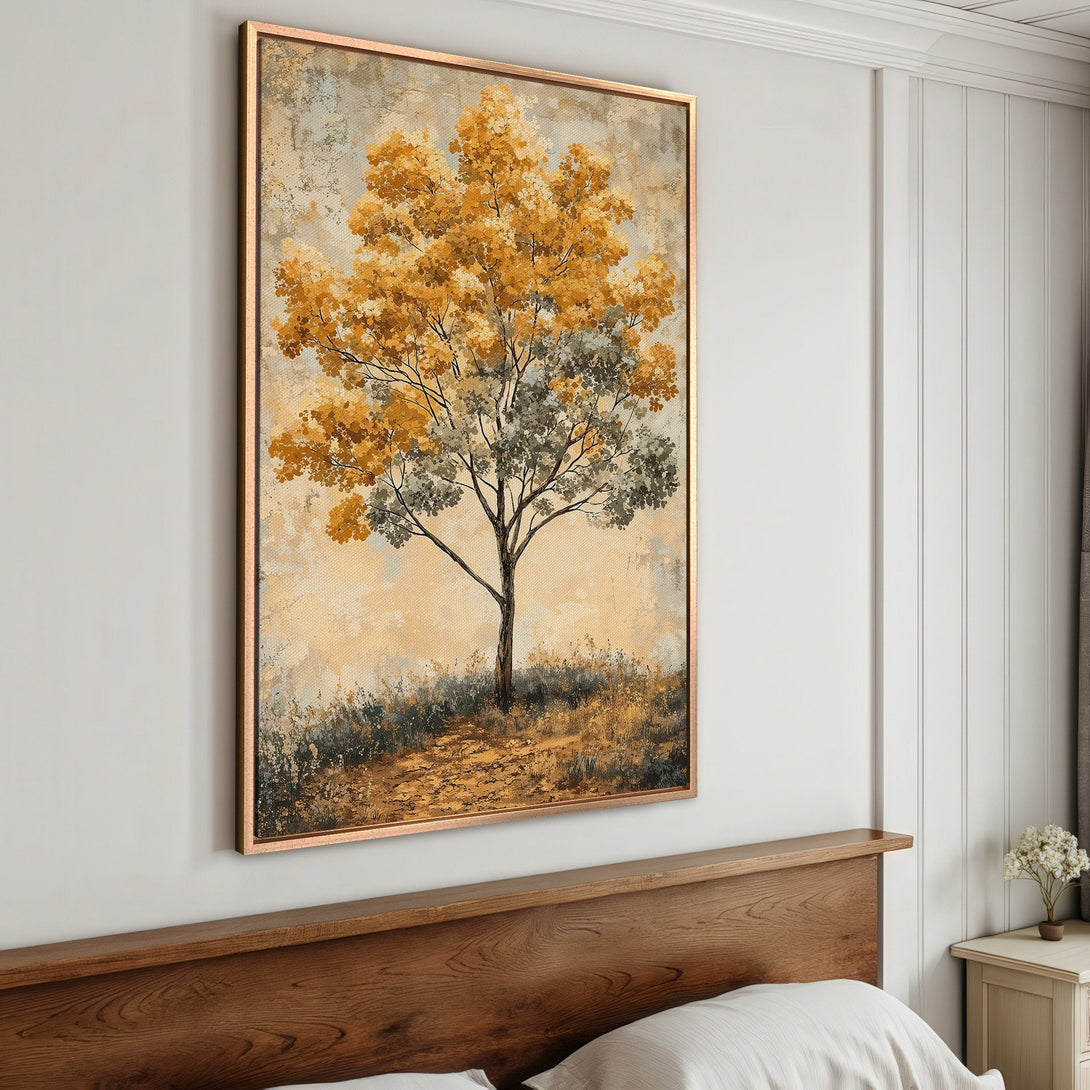 Framed Wall Art featuring a tree landscape in warm gold and gray hues. Perfect for adding a touch of nature-inspired elegance to your home decor.