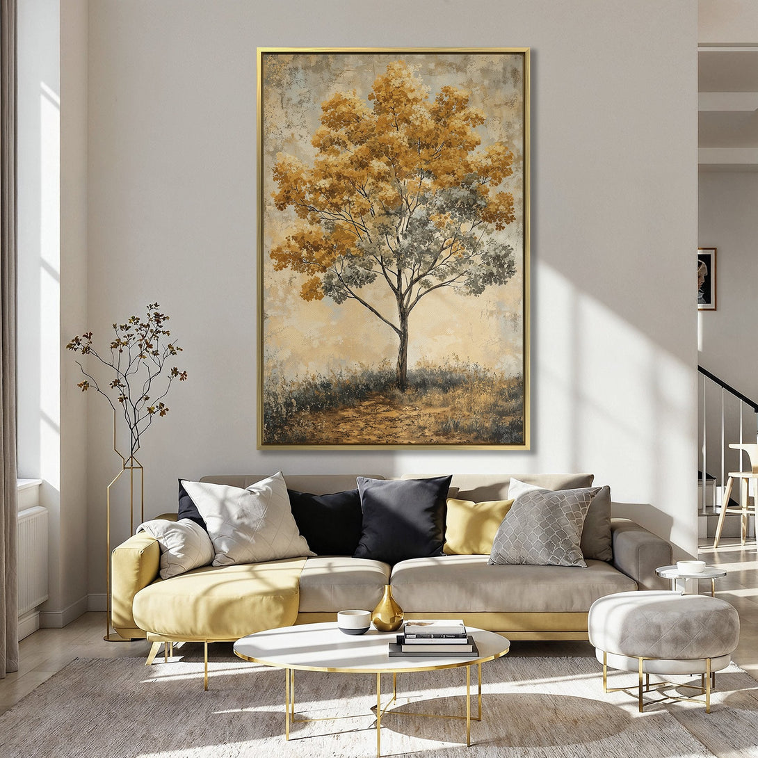 Canvas Print of a tree in warm autumn colors. Adds a touch of nature and serenity to any room. Rustic style, perfect for home decor.