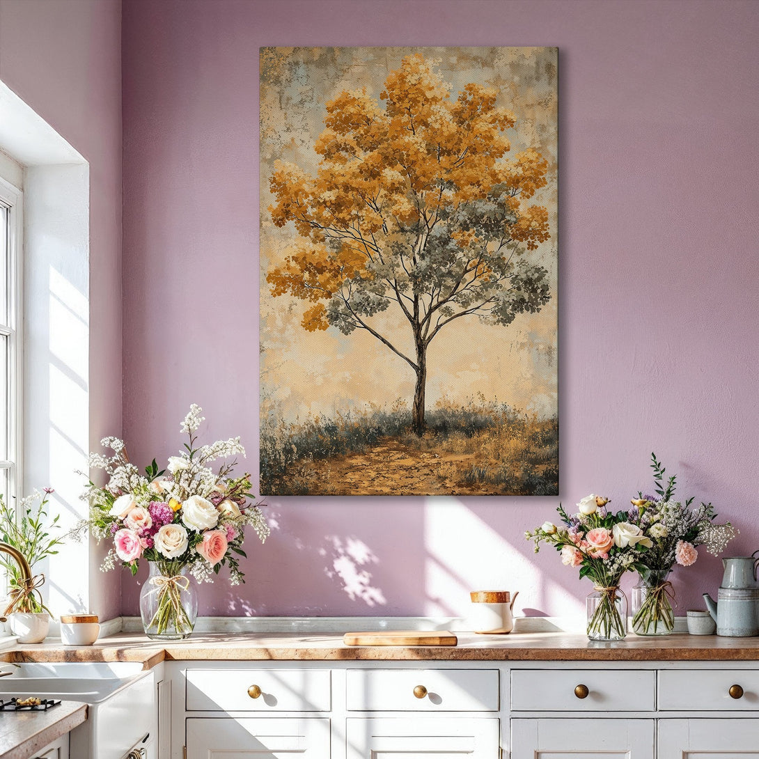Framed Wall Art: Abstract tree painting in warm gold and gray tones. Modern art for living room decor. Adds a touch of nature to your home.