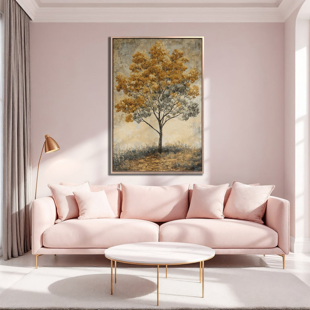 Framed Wall Art: Abstract tree art in warm gold and gray tones. Perfect for adding a touch of nature and elegance to your living room decor.