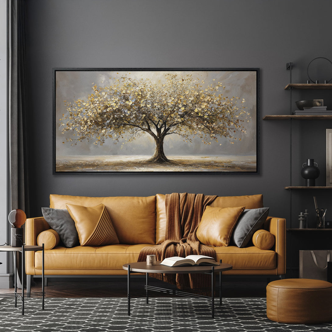 Framed Wall Art: Abstract tree painting in neutral tones. Enhance your living room with this elegant artwork featuring a gold and gray color palette.