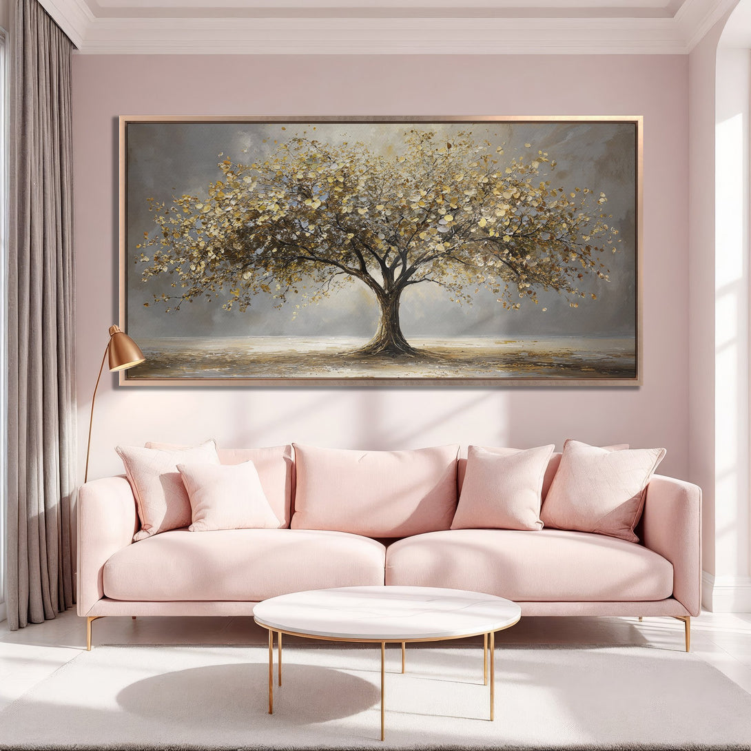 Framed Wall Art: Elegant tree painting in gold & gray tones. Adds a touch of nature & sophistication to any space. Perfect for living rooms!