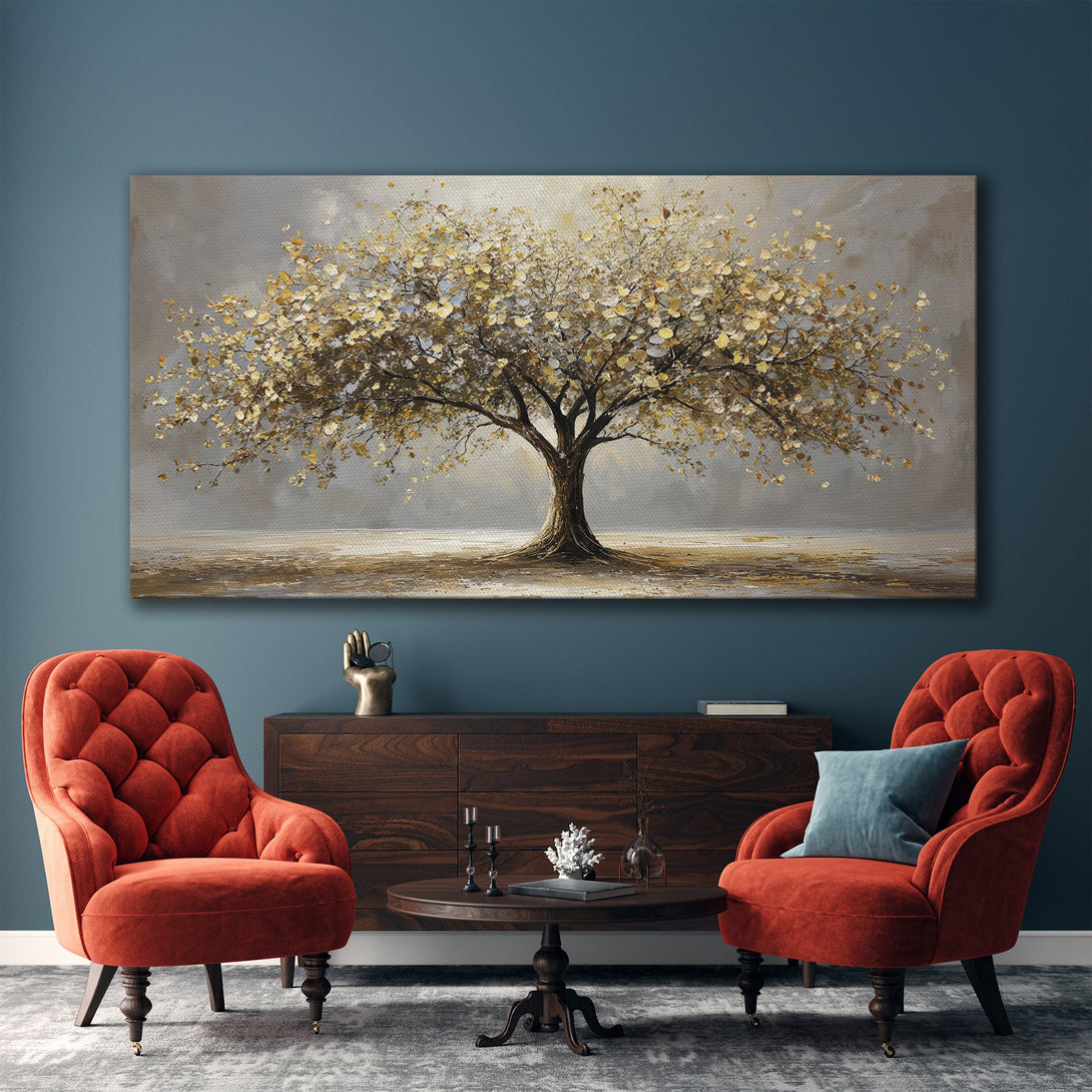 Framed Wall Art: Abstract tree painting with gold and neutral tones. Modern art canvas print perfect for living room decor.