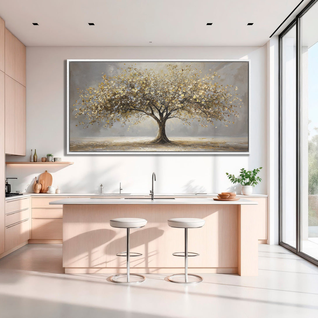 Framed Wall Art: Elegant tree painting in neutral tones, perfect for kitchen decor. Enhance your space with this stylish canvas print.