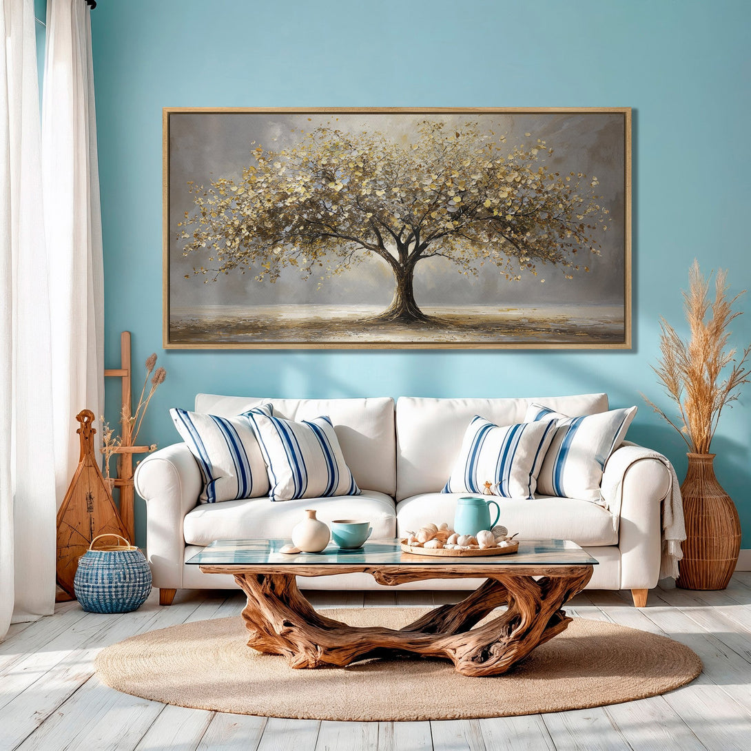 Framed Wall Art of a golden tree painting. Coastal style with a neutral and blue color palette. Perfect for living room decor.
