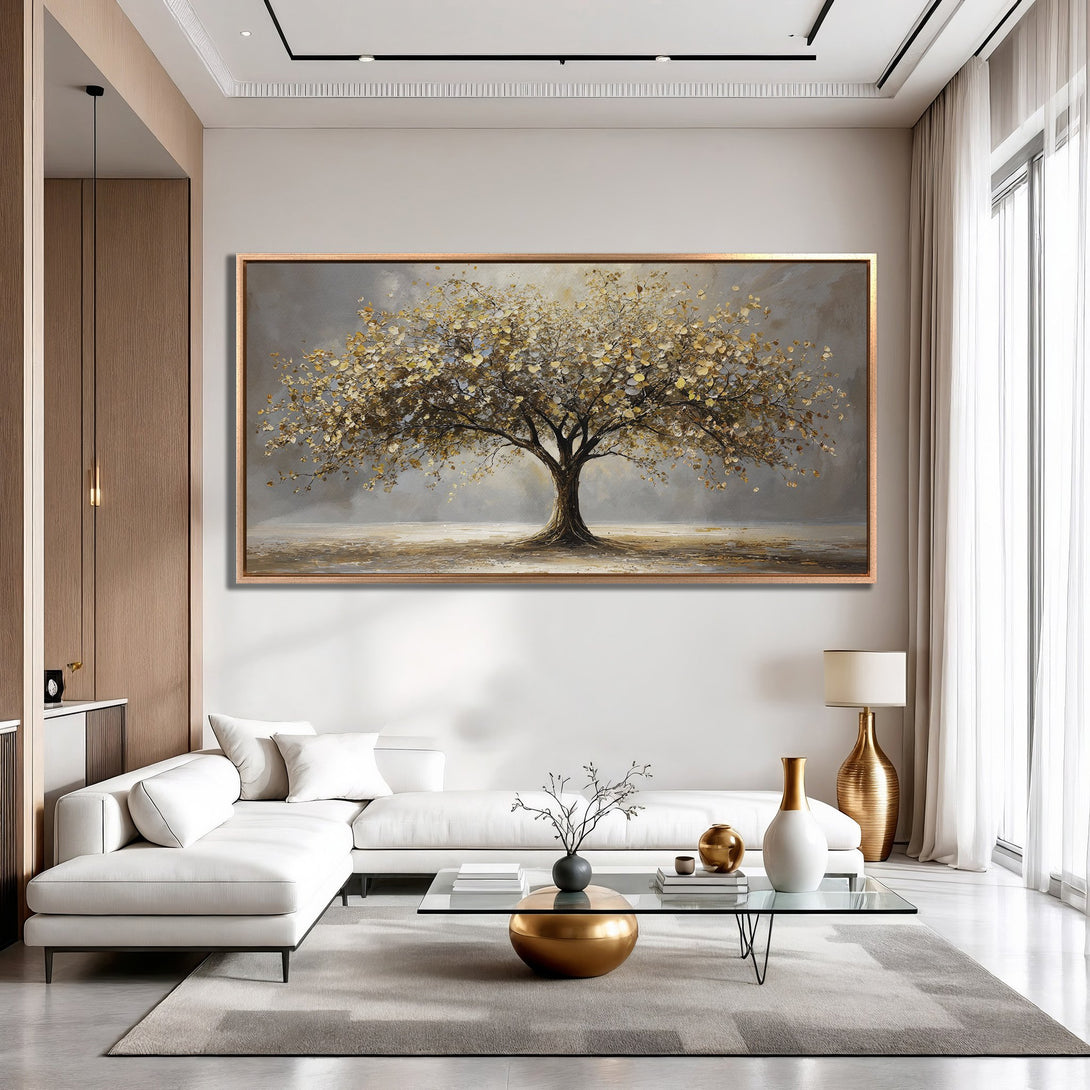 Framed Wall Art: Abstract tree painting in gold and gray tones. Modern canvas print adds a touch of elegance to any living room.