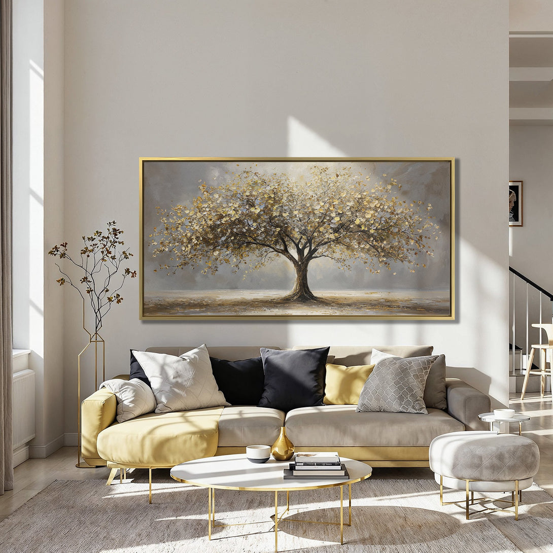 Canvas Print of a golden tree painting. Elegant wall art with a neutral and gold color palette, perfect for living room decor.