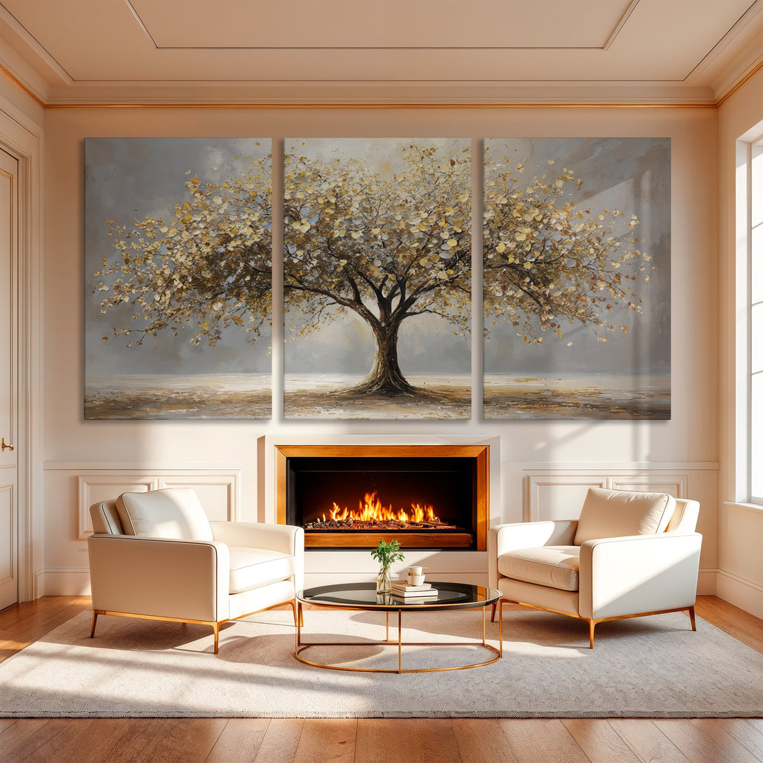 Canvas Print of a majestic tree in a neutral color palette. Perfect for adding a touch of nature-inspired art to your living room.