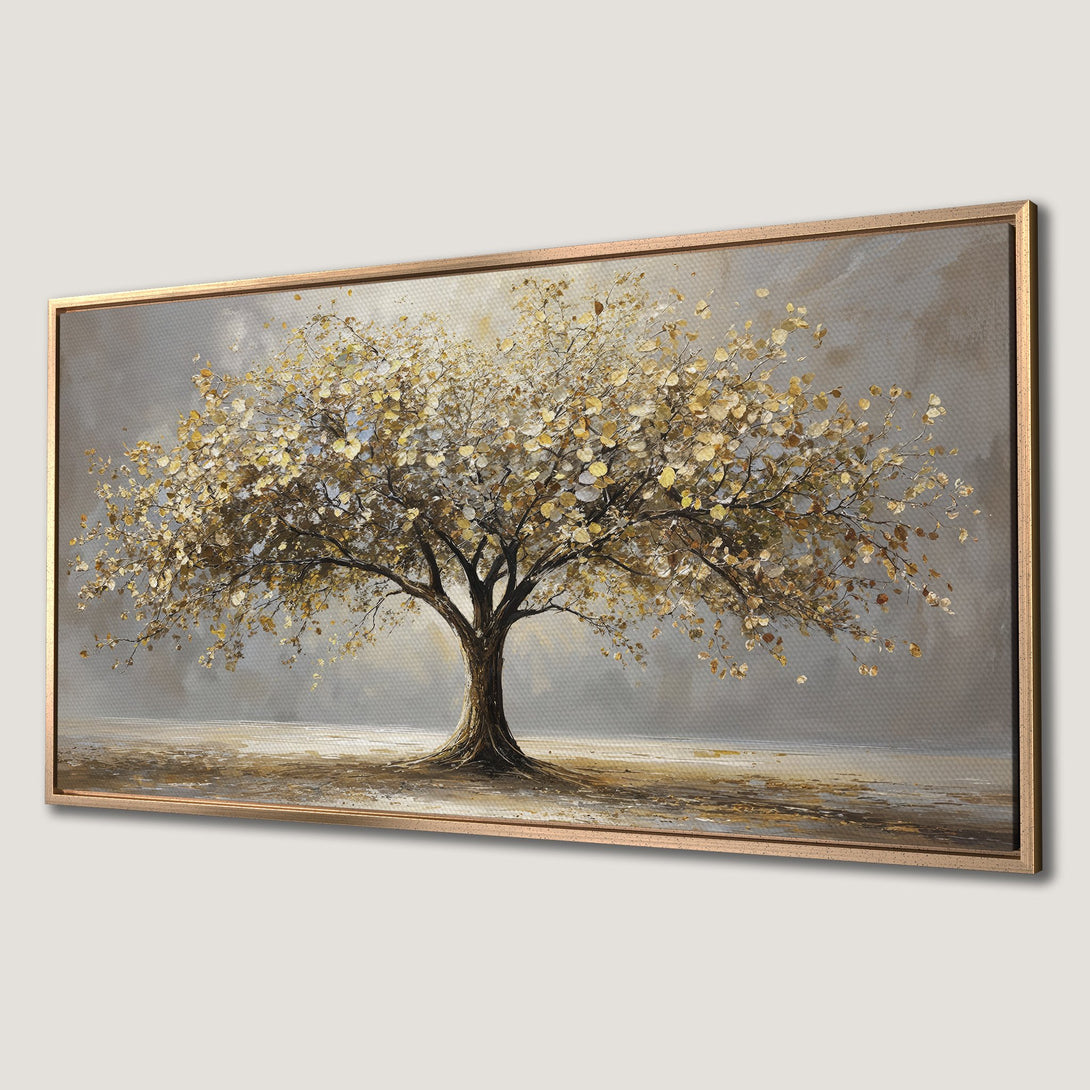 Framed Wall Art: Abstract tree painting in neutral tones. Earthy color palette with gold accents. Perfect for adding a touch of nature to your home.