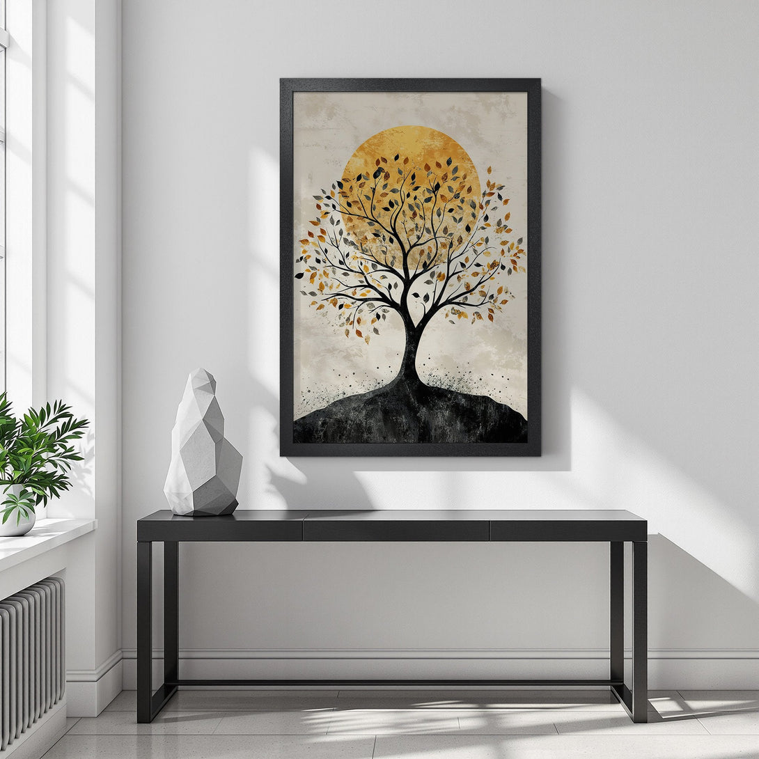 Framed Poster featuring a tree with a yellow sun in a modern, abstract style. Earthy color palette perfect for home decor.
