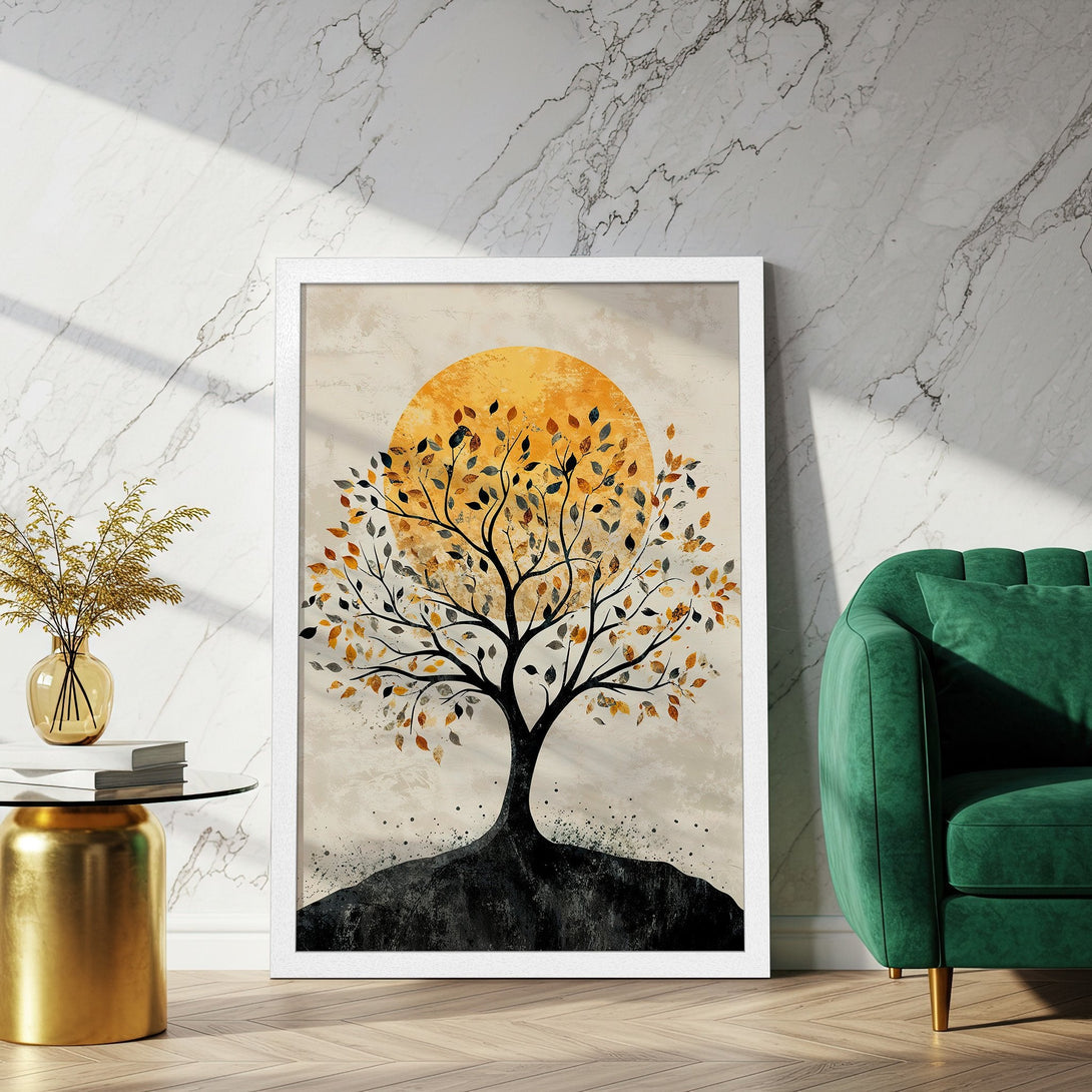 Framed Poster featuring a tree with a sun in the background. Abstract style with warm orange, black, and beige tones. Perfect wall art for your home.