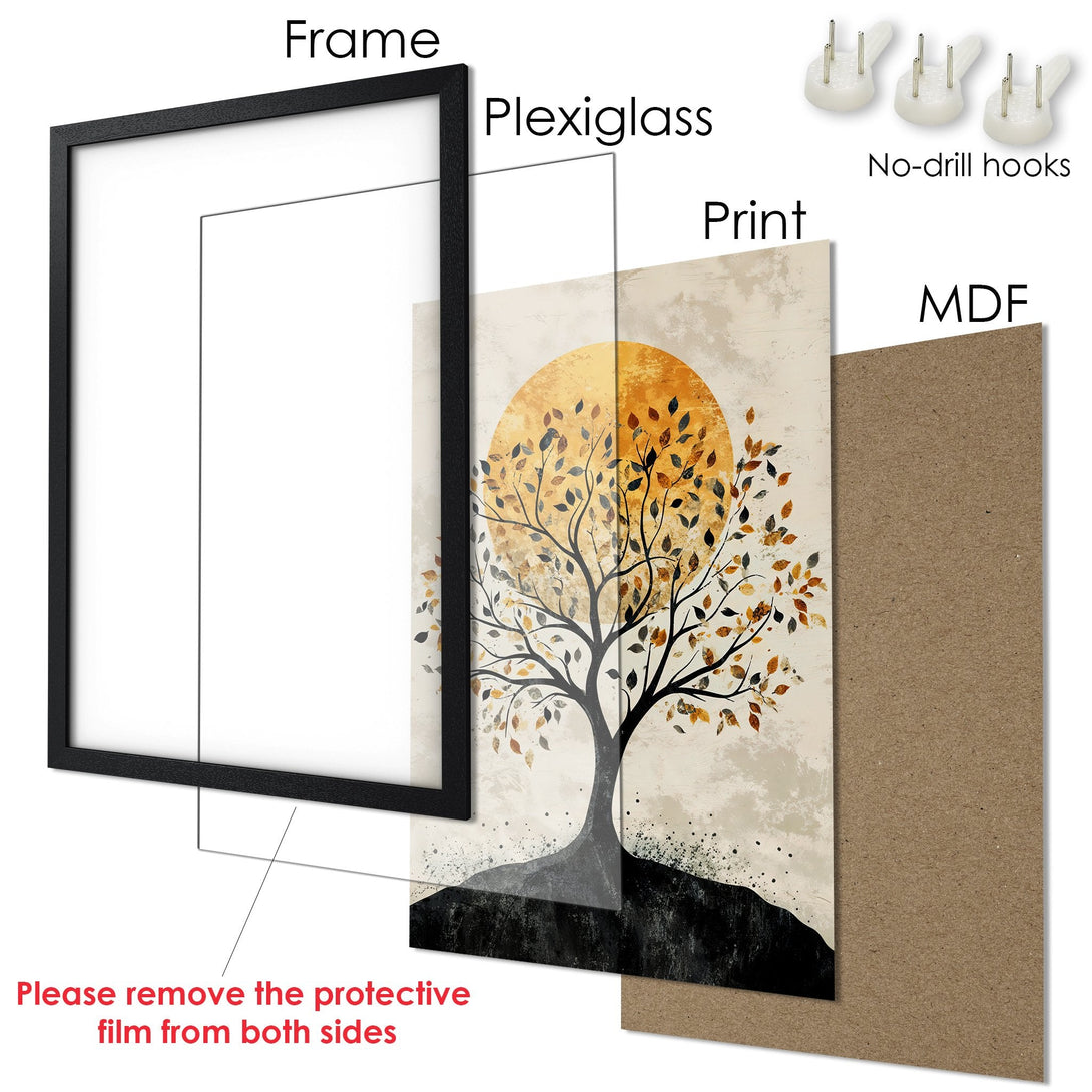 Framed Poster featuring a tree illustration in neutral tones. Modern art print with a warm, earthy color palette. Perfect wall decor!