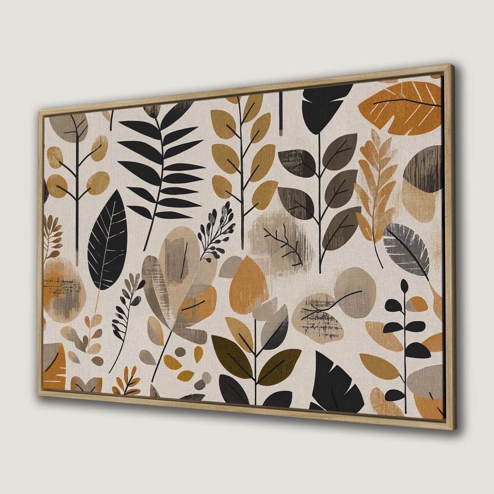 Framed Wall Art featuring a botanical leaf pattern in earthy tones. Modern canvas print perfect for adding a touch of nature to your home decor.