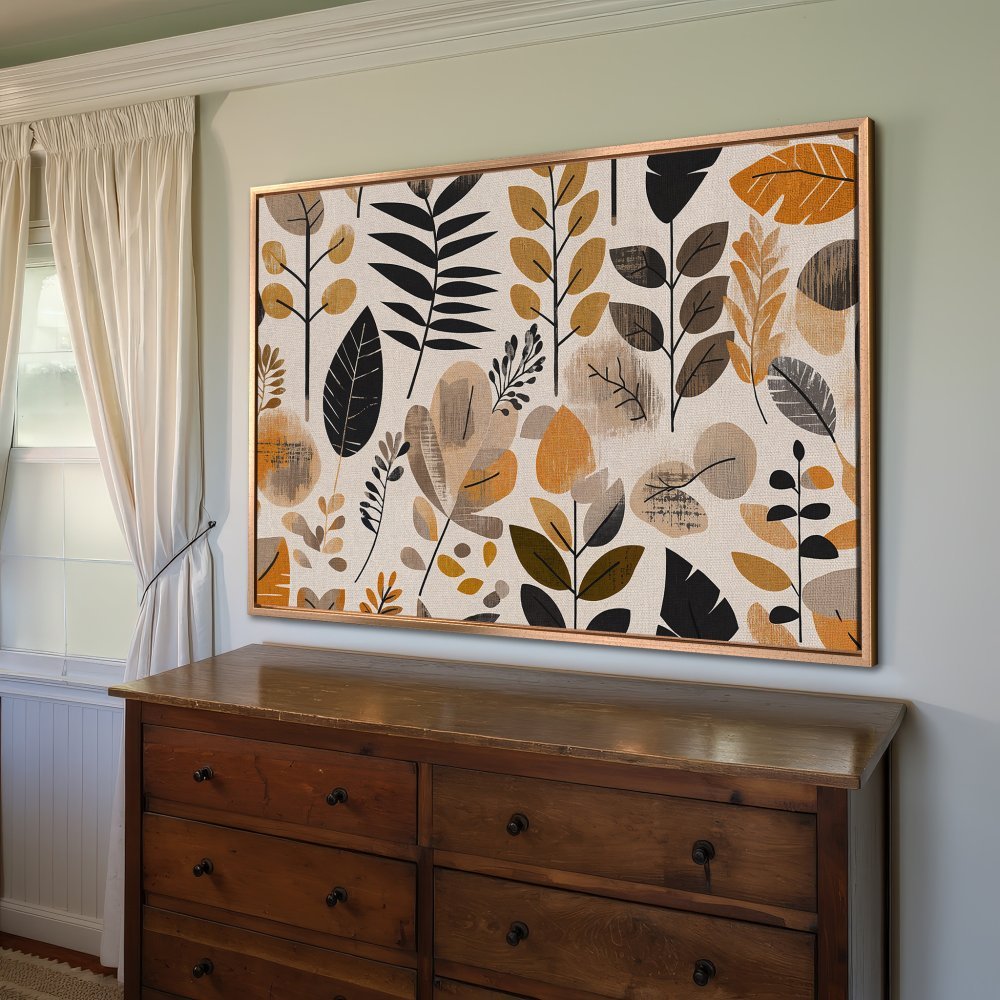 Framed Wall Art: Abstract botanical print in neutral tones with pops of gold and black. Perfect for adding modern style to your home.