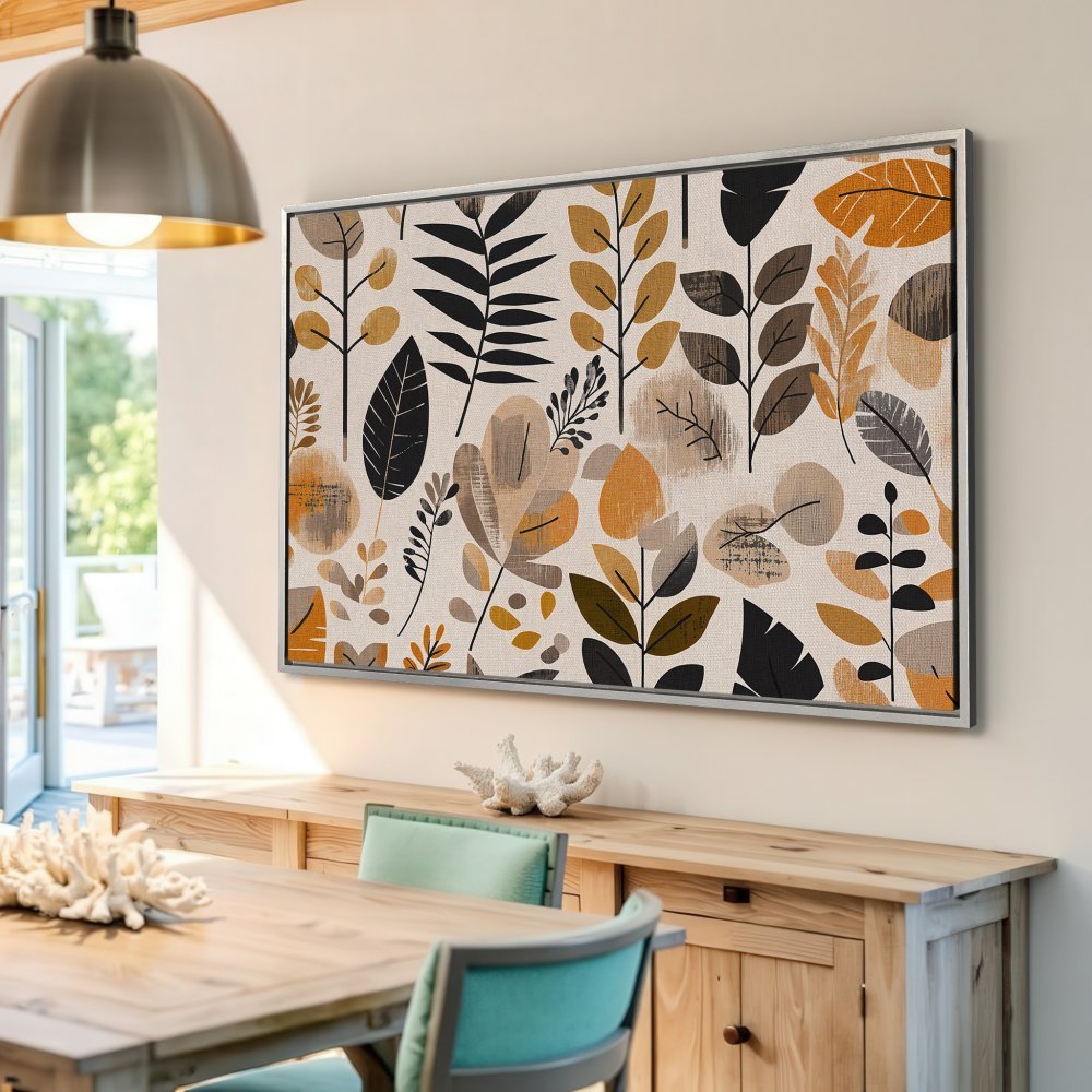 Framed Wall Art: Modern botanical print with a neutral palette of beige, black, and gold. Perfect for adding a touch of nature to your home decor.
