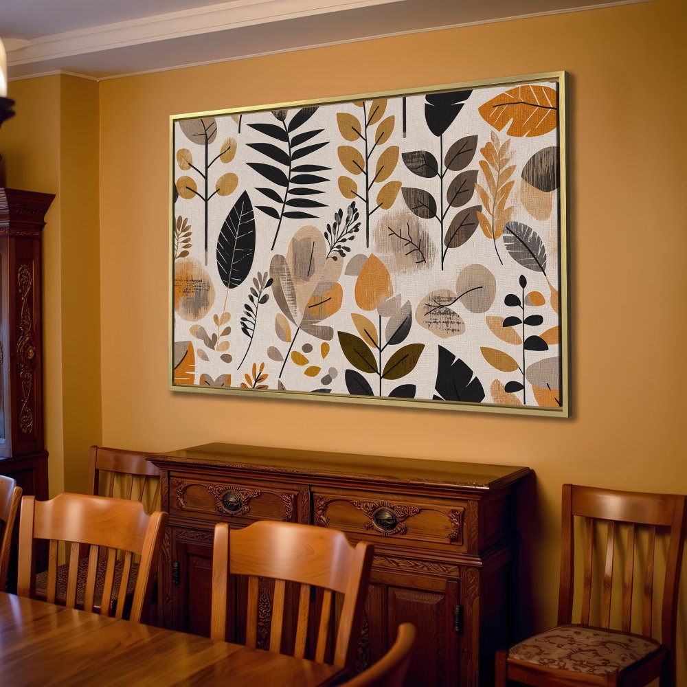 Abstract botanical Canvas Print in neutral tones. Modern wall art featuring leaves in beige, black, and gold. Perfect living room decor.
