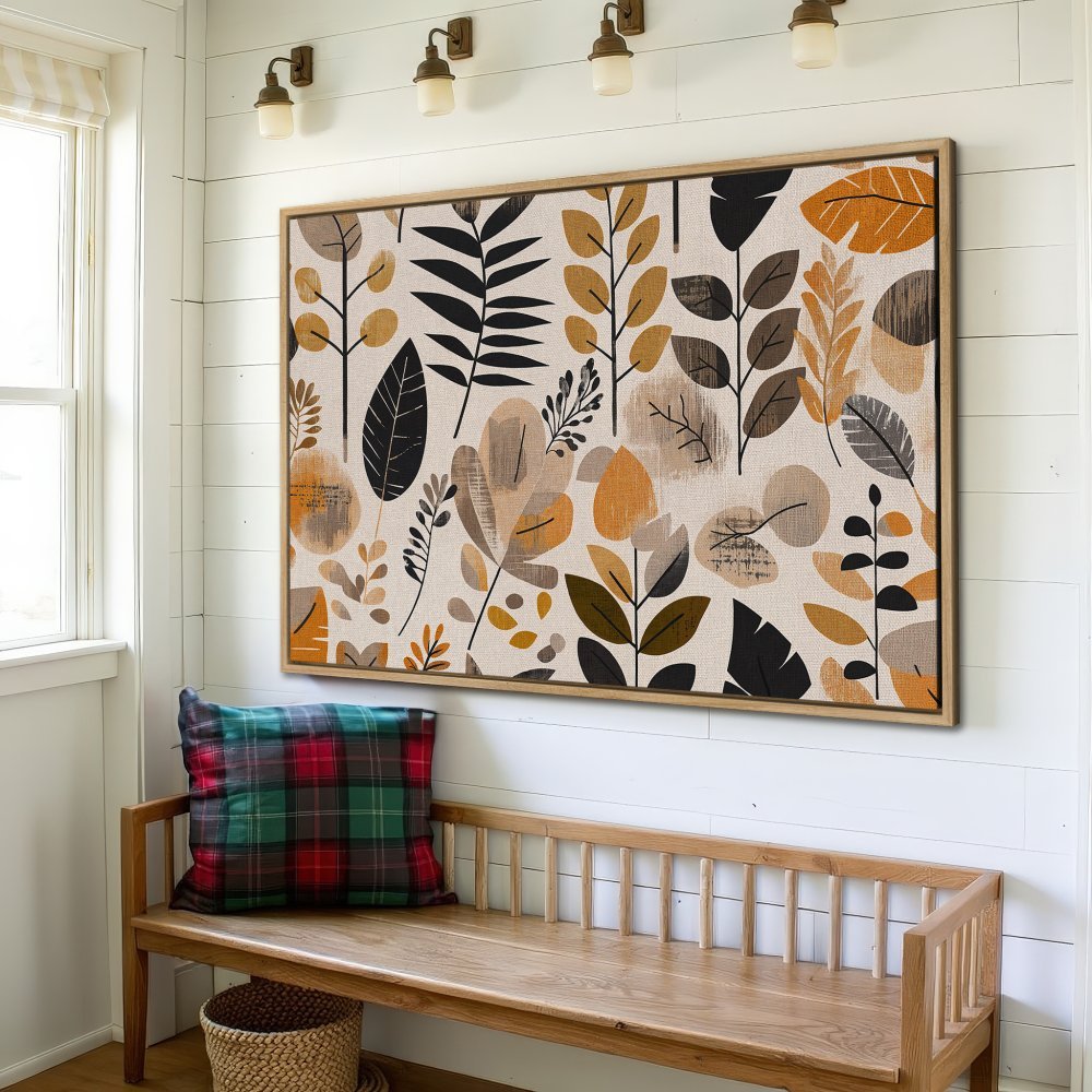 Framed Wall Art featuring a botanical print in a neutral color palette. Modern art with leaves and earthy tones, perfect for home decor.