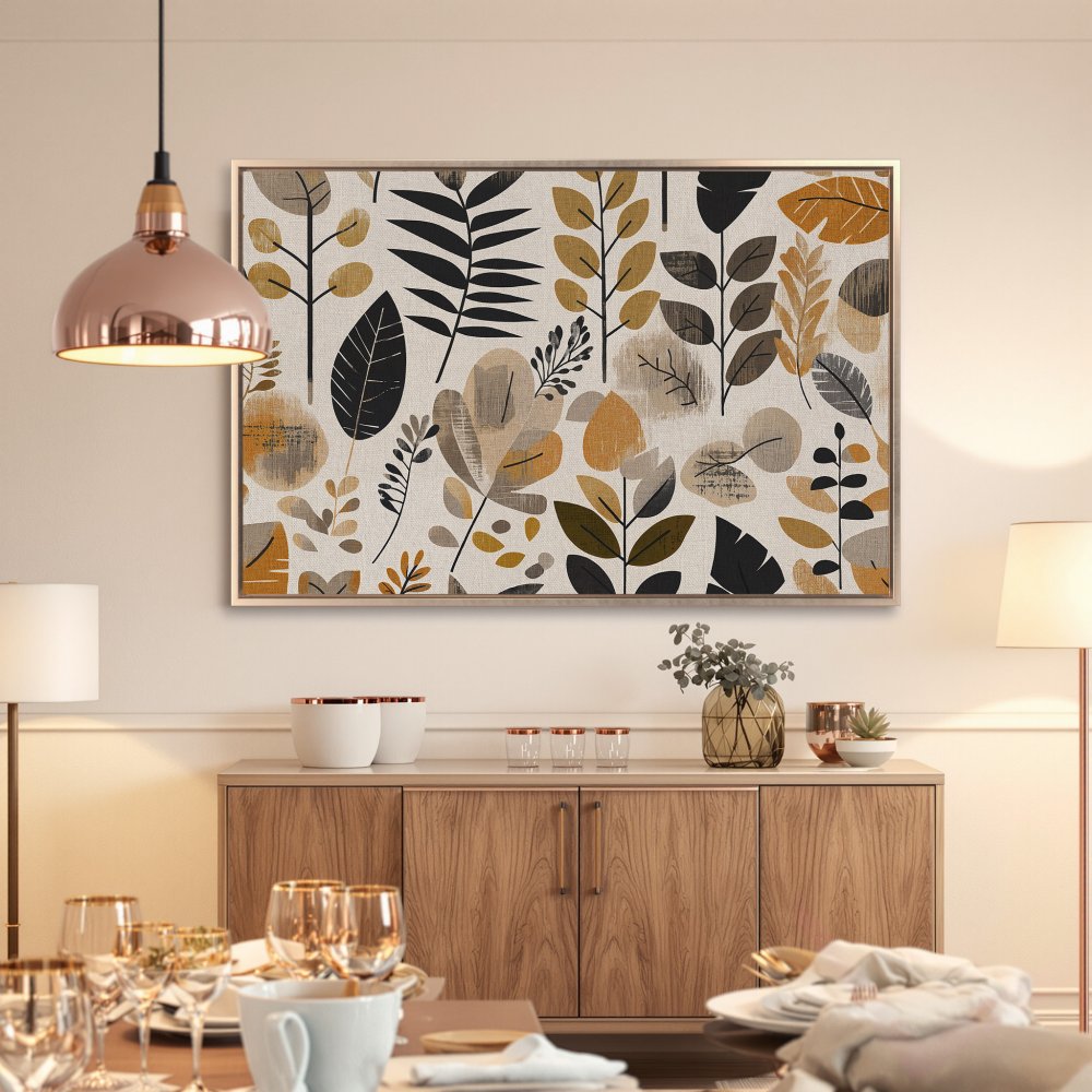 Framed Wall Art: Botanical print in neutral tones. Modern leaf design with gold, black, and beige. Perfect for adding a touch of nature to your home decor.