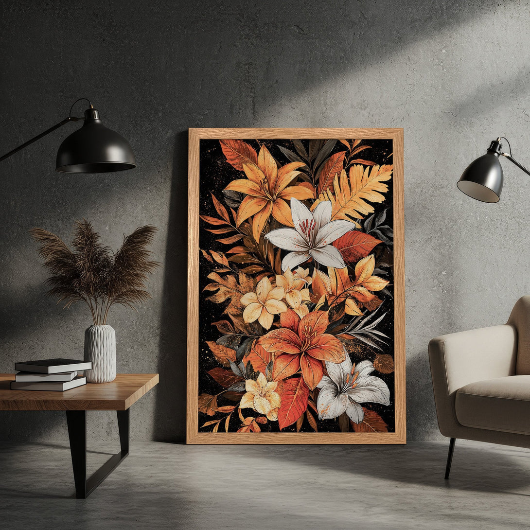 Framed Poster featuring a floral illustration in warm orange and white tones, perfect for modern decor.