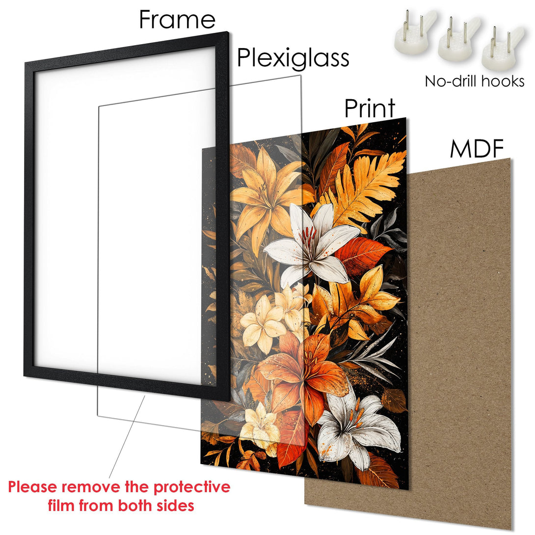 Framed Poster featuring floral art in warm orange and white tones. Modern style, ready to hang!
