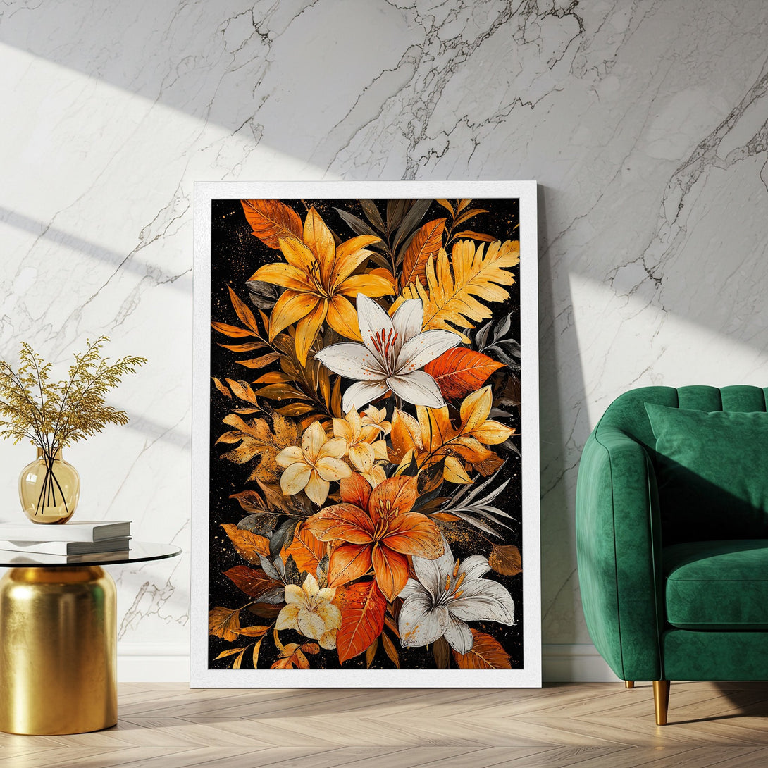 Framed Poster featuring vibrant floral art in warm orange and yellow tones, perfect for adding a touch of elegance to any space.