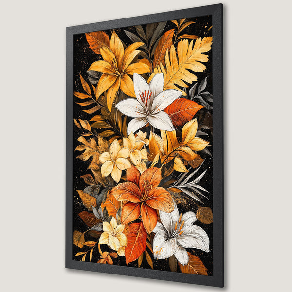 Framed Poster featuring vibrant floral art in warm orange, yellow, and white tones against a black background. Perfect for modern decor.