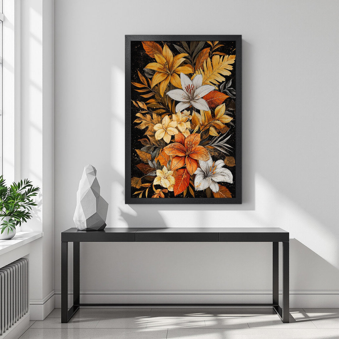 Framed Poster featuring vibrant floral art in warm orange, yellow, and white tones. Perfect wall decor for a stylish home.