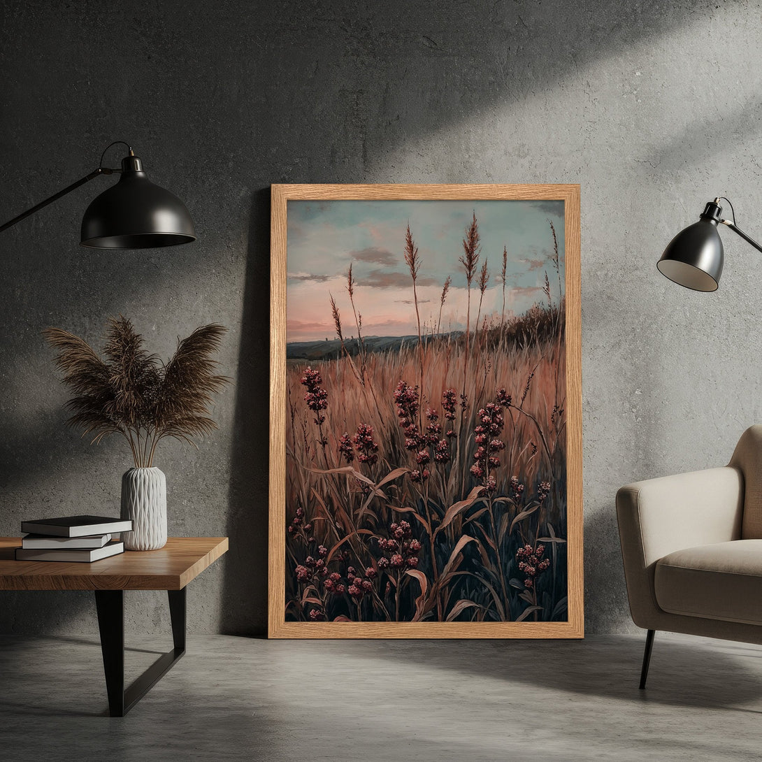Framed Poster featuring a serene field landscape in warm, earthy tones. Perfect wall art for a cozy, nature-inspired home.
