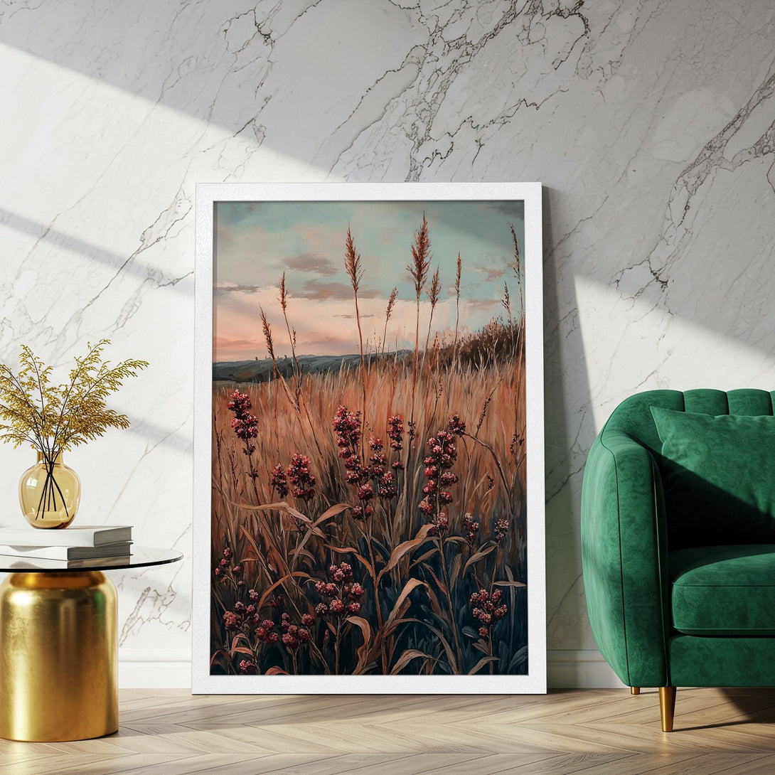 Framed Poster featuring a field of wildflowers, in warm earth tones. Add a touch of nature to your home decor with this beautiful poster!