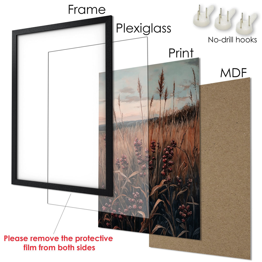 Framed Poster featuring a serene field scene in warm earth tones. Perfect wall art for a cozy home.