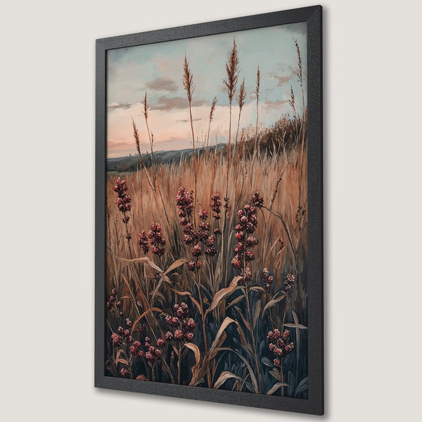 Framed Poster of a serene field with wildflowers, in a painterly style, featuring a warm, earthy color palette.