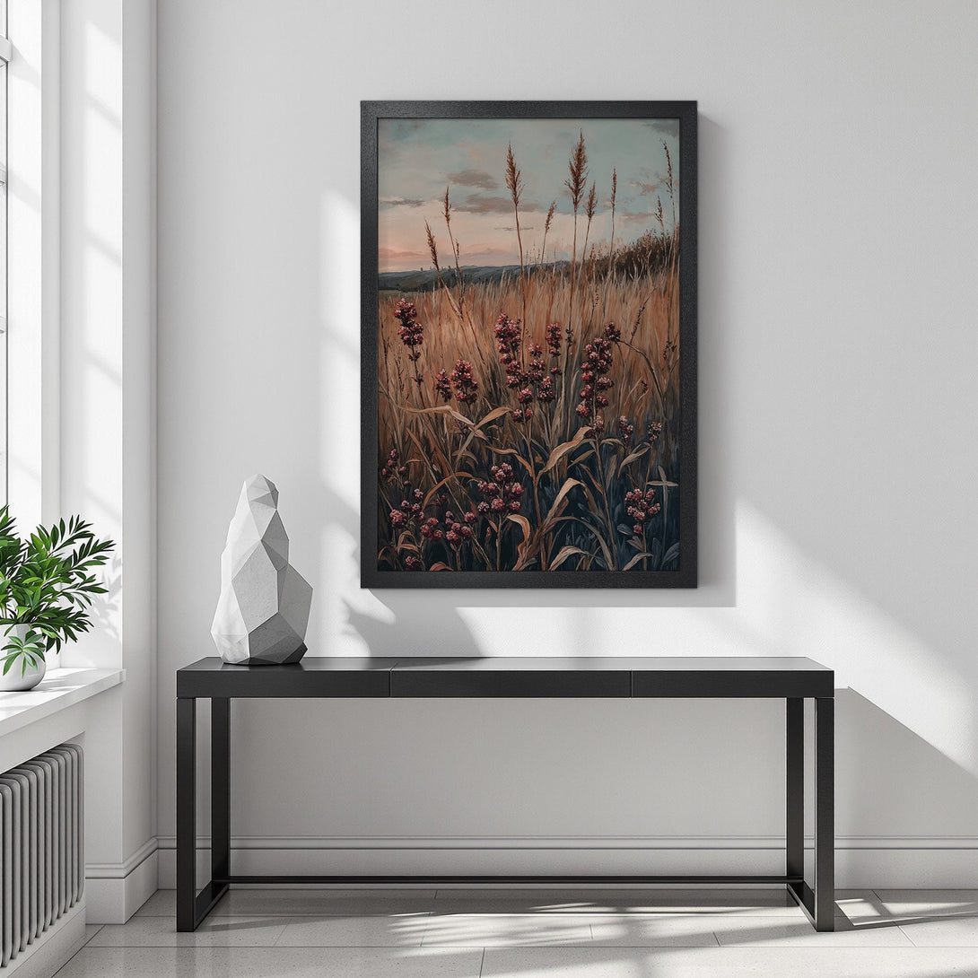 Framed Poster featuring a field landscape in warm tones. Perfect wall art for a cozy, nature-inspired home decor.