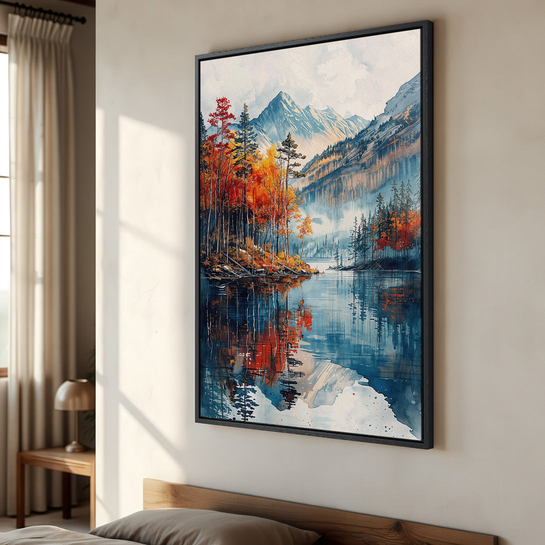 Framed Wall Art: Watercolor landscape of mountains and lake with autumn foliage. Blue, orange, and white color palette. Perfect for home decor.