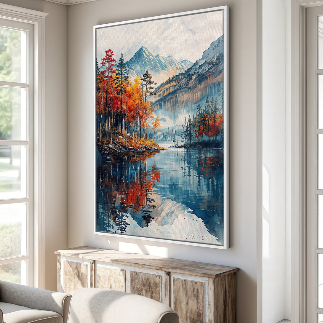 Framed Wall Art: Watercolor landscape Canvas Print with vibrant autumn colors. Features a serene lake, mountains, and a warm, inviting palette. Perfect home decor.