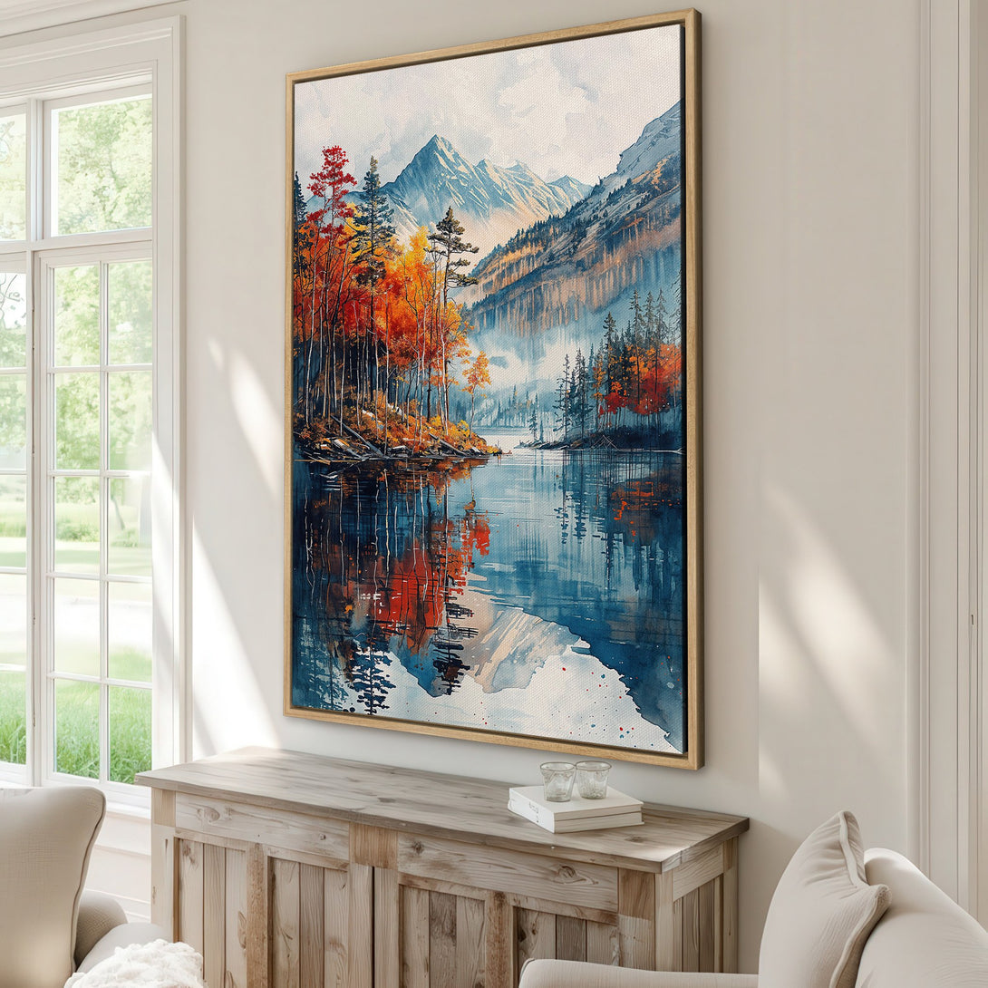 Framed Wall Art: Watercolor landscape Canvas Print with vibrant autumn colors and serene lake reflection. Perfect for adding a touch of nature to your home decor.