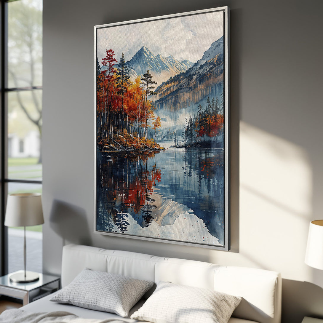 Framed Wall Art: Watercolor landscape Canvas Print of a lake & mountains with autumn colors. Adds a serene, natural touch to any interior.