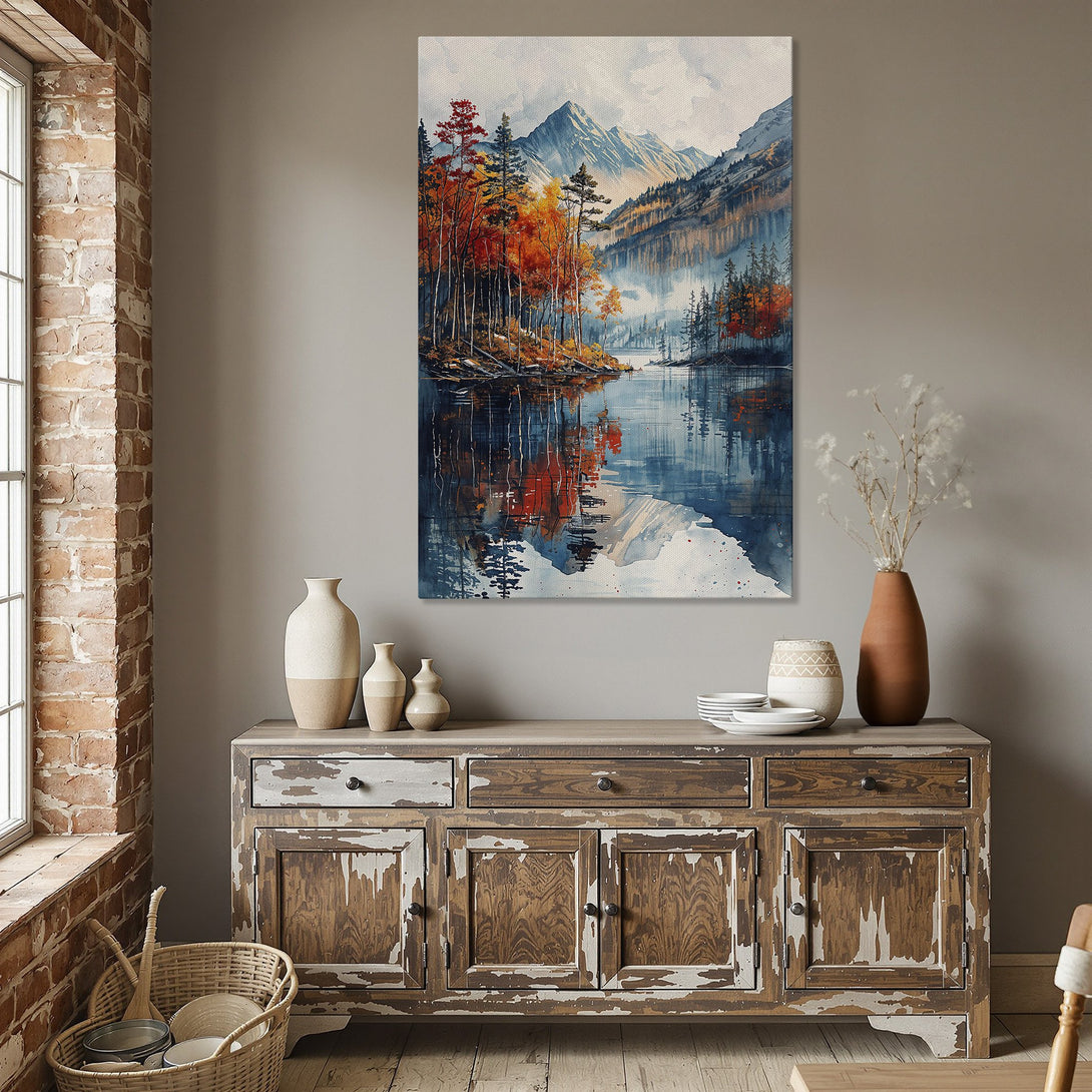 Framed Wall Art: Watercolor landscape of a lake and mountains in fall colors. Adds a touch of nature and serenity to any interior.