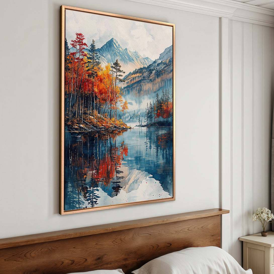 Framed Wall Art featuring a watercolor landscape with autumn trees and mountains. Stunning blue, orange & red color palette. Perfect for home decor.