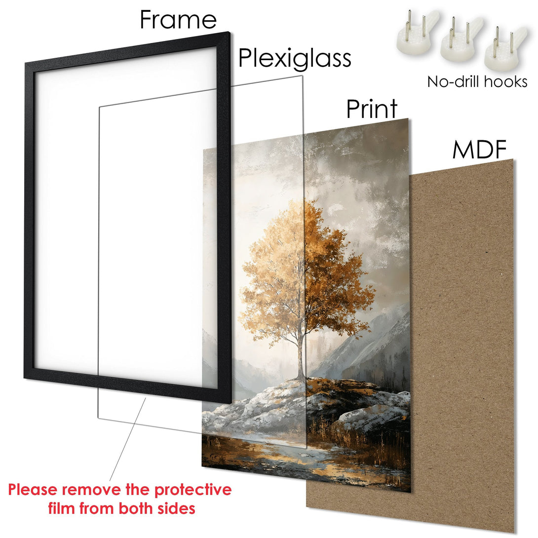 Framed Poster featuring an autumn tree landscape. Earthy tones and a serene style for your home decor. Easy to hang!