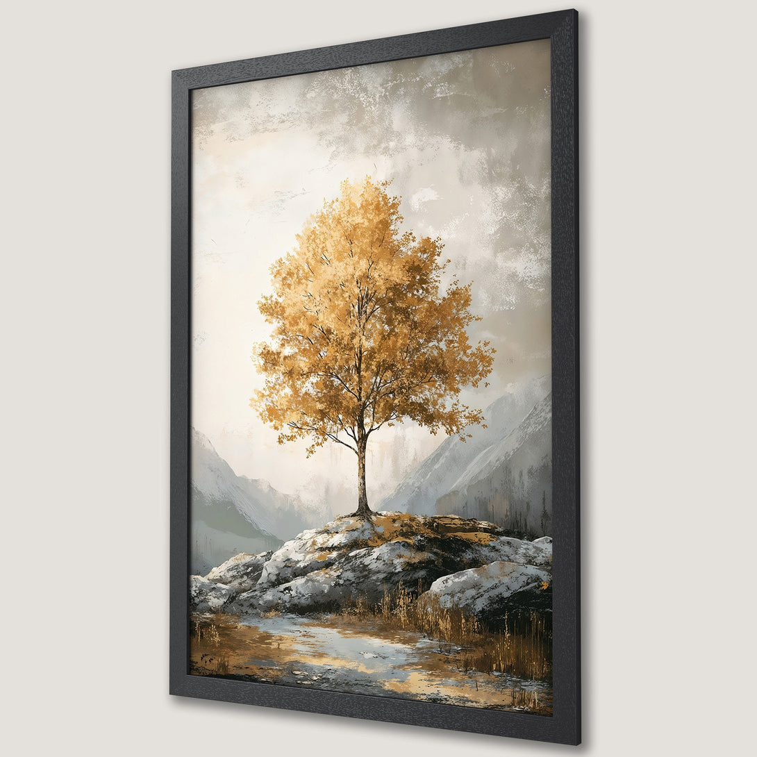 Framed Poster featuring a golden tree in an abstract landscape. Earthy tones and a serene, artistic style perfect for home decor.