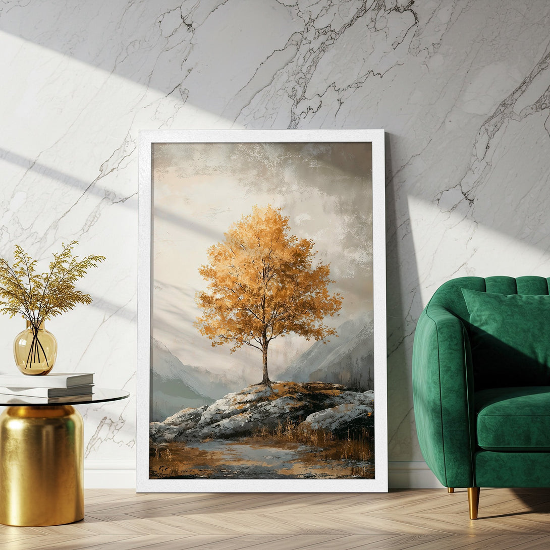 Framed Poster of a golden tree landscape art print. Warm, earthy tones and a serene, modern style for your home decor.